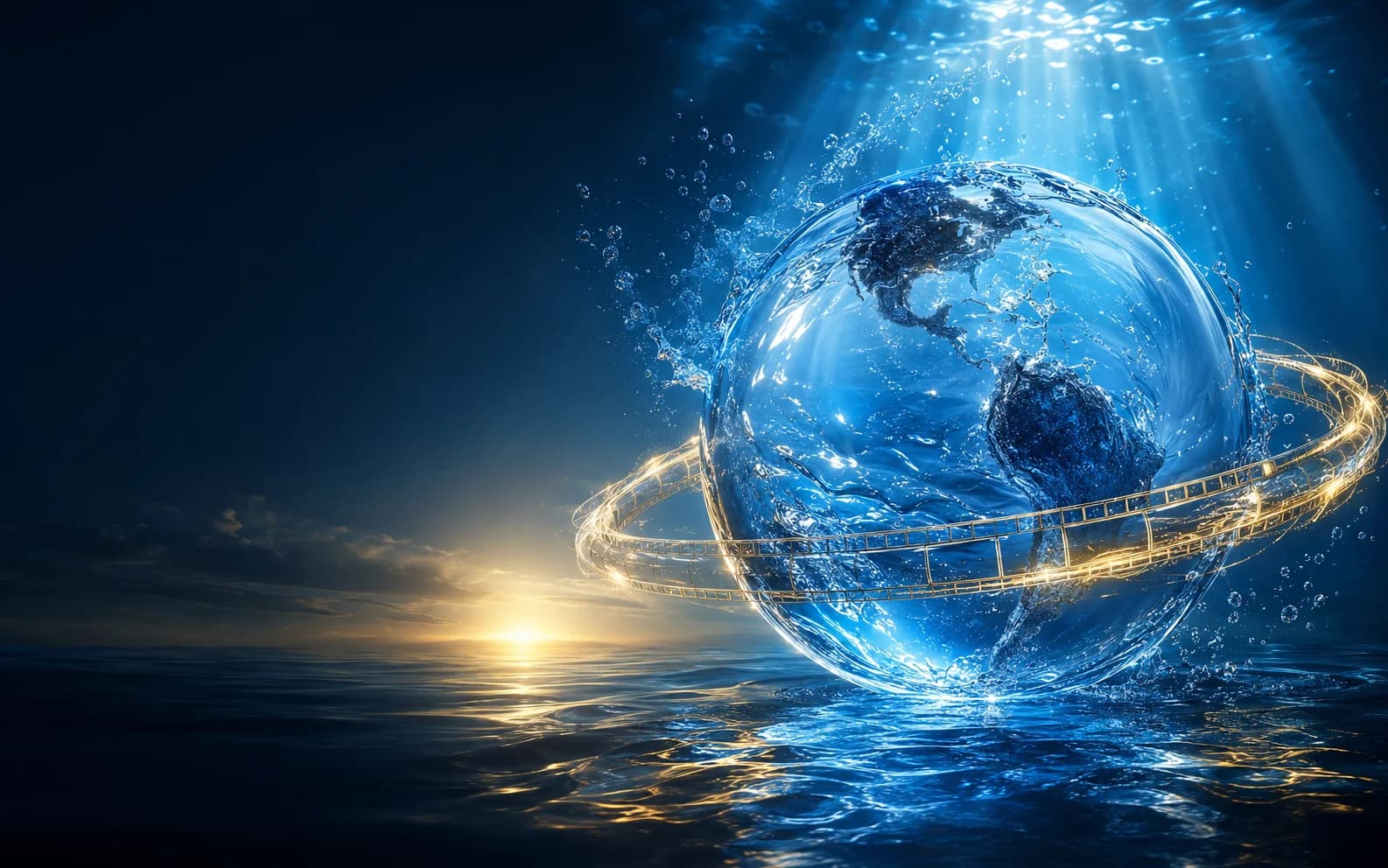 A glowing water-formed globe wrapped in a golden film reel, symbolizing socially driven global cinema
