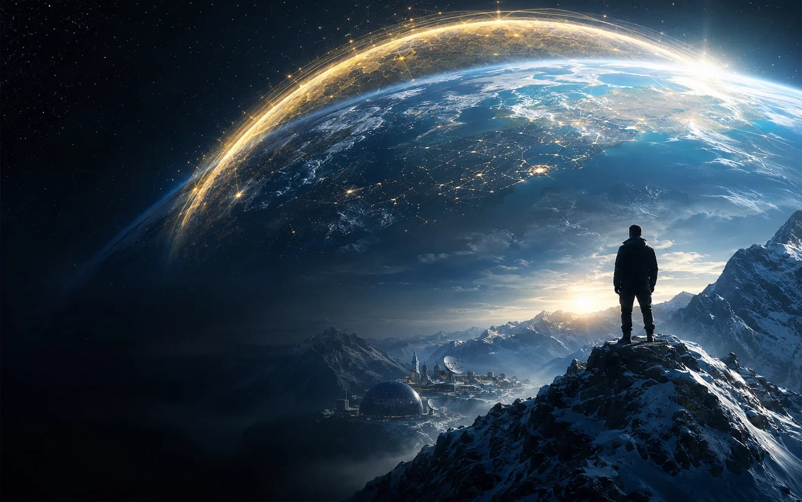 A lone figure standing on a snow-capped peak beneath a vast, network-lit view of Earth from space
